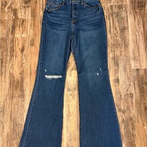 Sincerely Jules Dark Blue Flare Jeans with Subtle Knee Distress